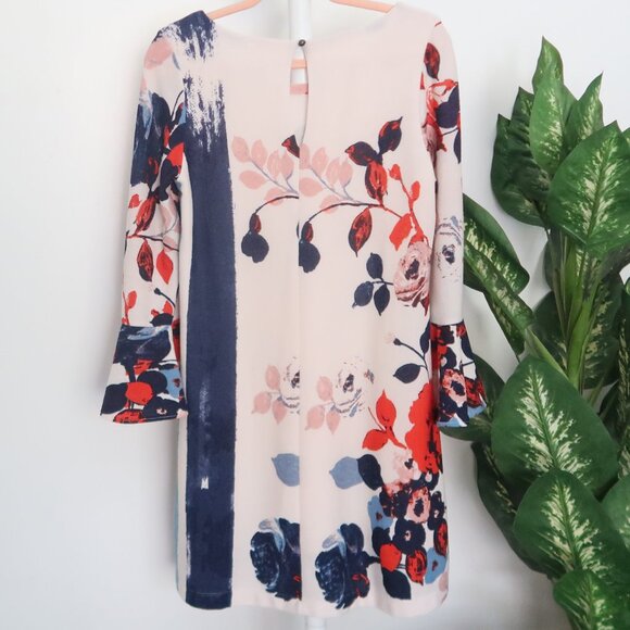 Maeve Anthropologie Blue Red Off-white Floral Print Bell-Sleeve Shift Dress S - Picture 4 of 11